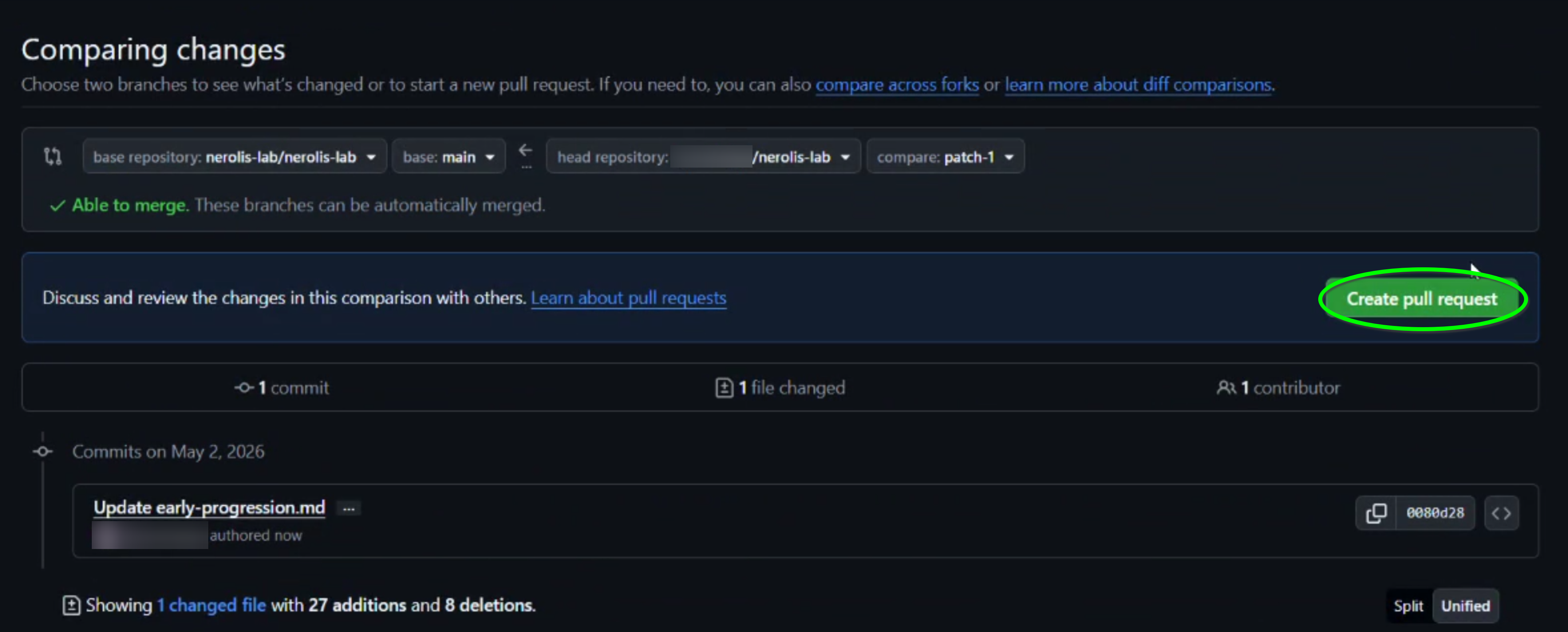 Compare changes: review the diff before opening a PR