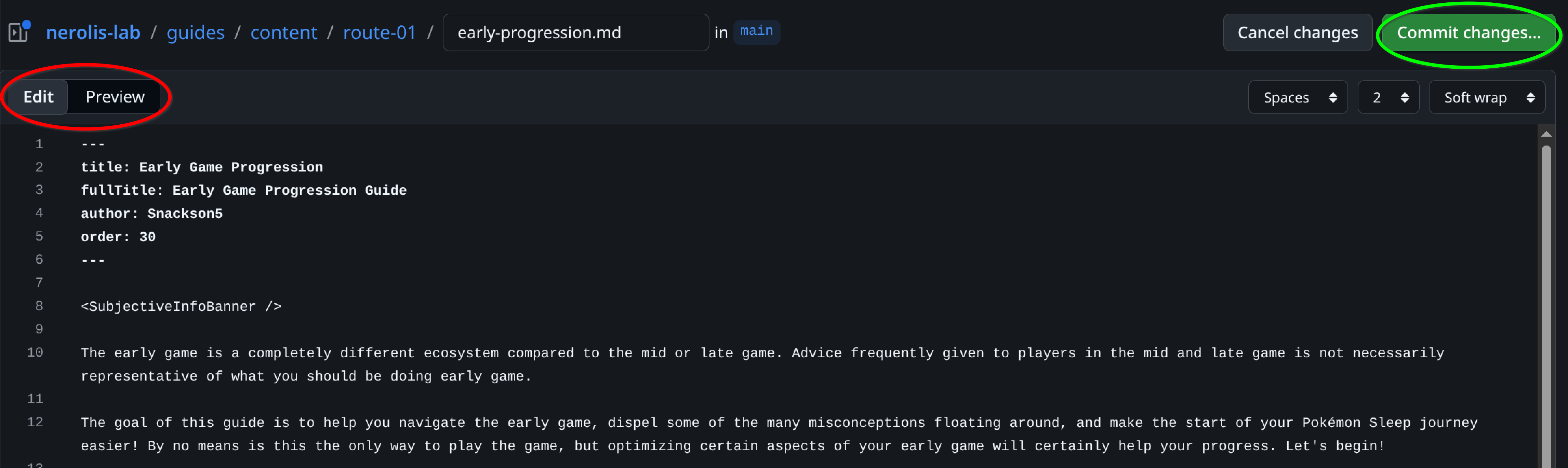 GitHub web editor showing guide Markdown, Edit/Preview toggle, and Commit Changes buttons