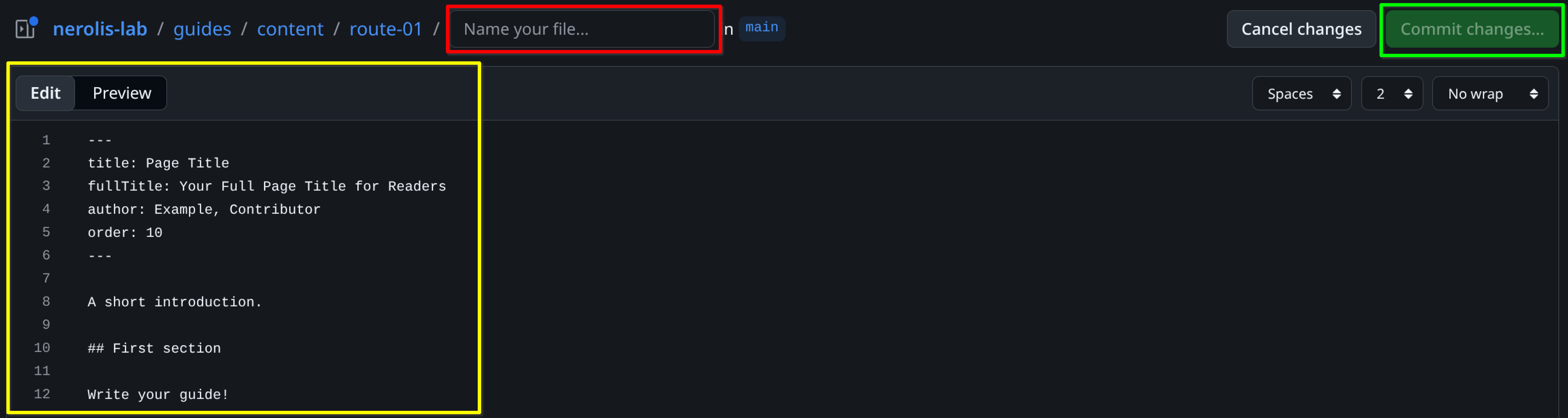 New guide file in the GitHub editor with path and content