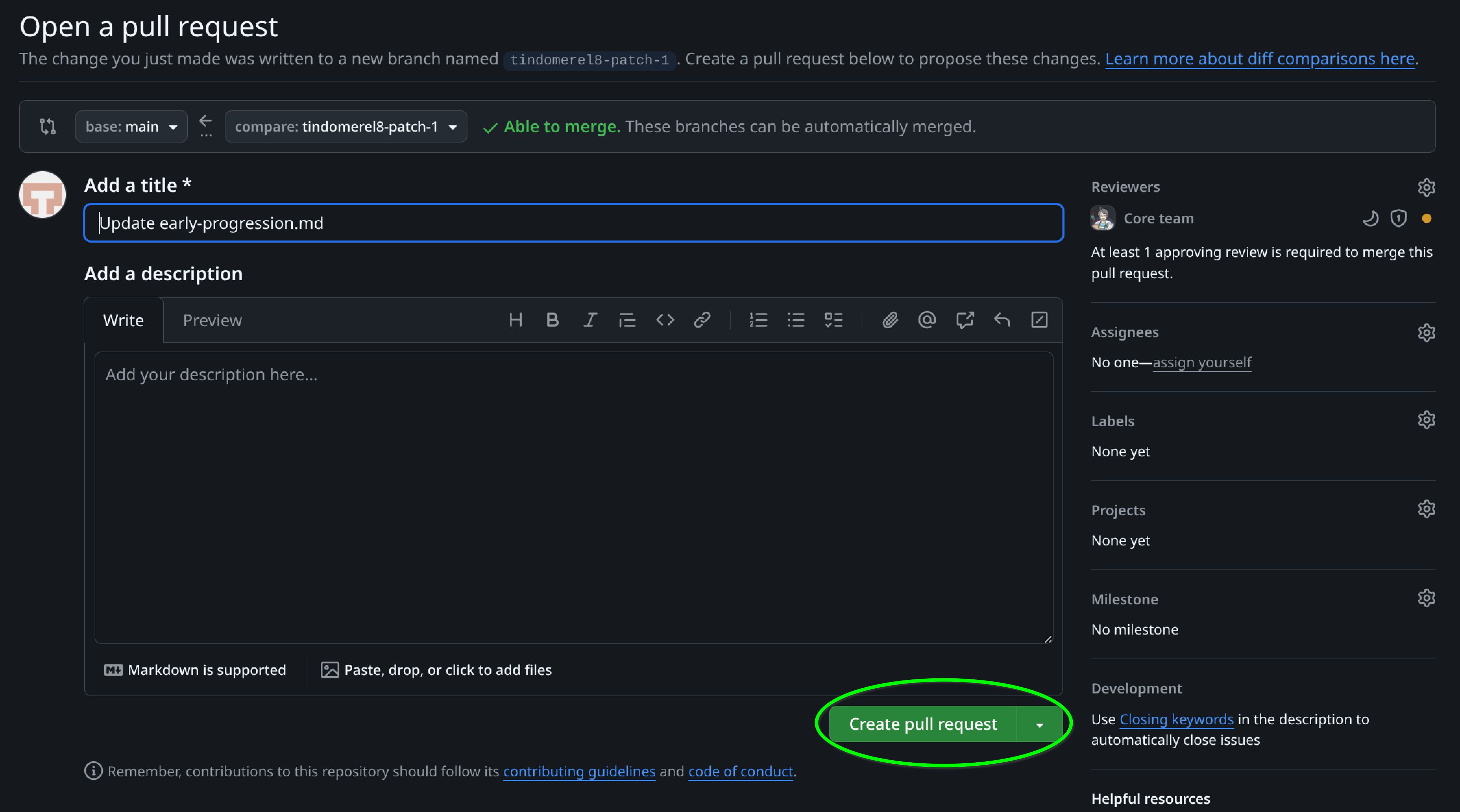 Open pull request: title, description, and create pull request